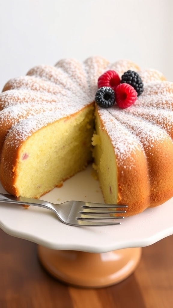 A golden butter cake on a white stand, garnished with berries and powdered sugar, with a slice cut out.